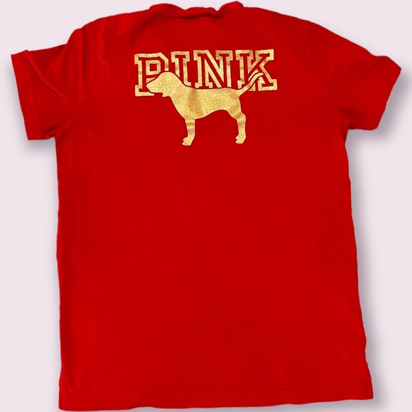 PINK Victoria's Secret Red and Gold Bling Short Sleeve Campus Tee Size Small - Picture 4 of 7